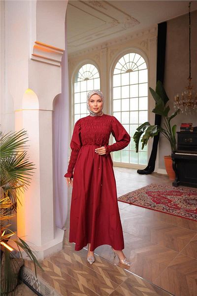 Bwest O Neck Gathered Bust Tie Waist Elasticated Sleeves Long Dress - (38-46) - 71272 - Burgundy