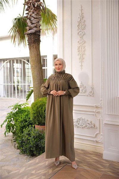 Bwest Fisherman's Stand Collar Elastic Sleeves Loose Fit Gathered Long Dress - (38-46) - 71270 - Khaki
