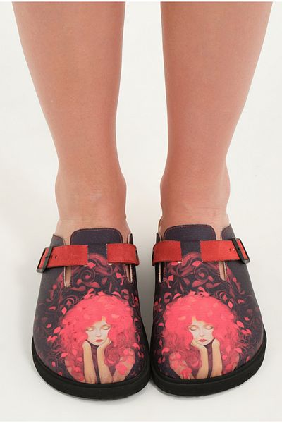 Lemoors Justine Natural Cork Sole Inner Genuine Leather Red Color Design Printed Sabo Slippers