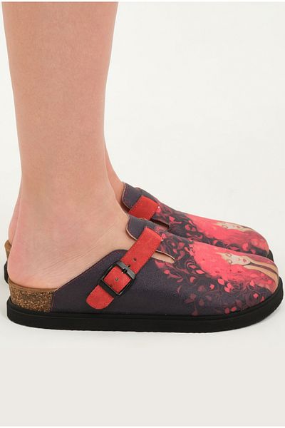 Lemoors Justine Natural Cork Sole Inner Genuine Leather Red Color Design Printed Sabo Slippers