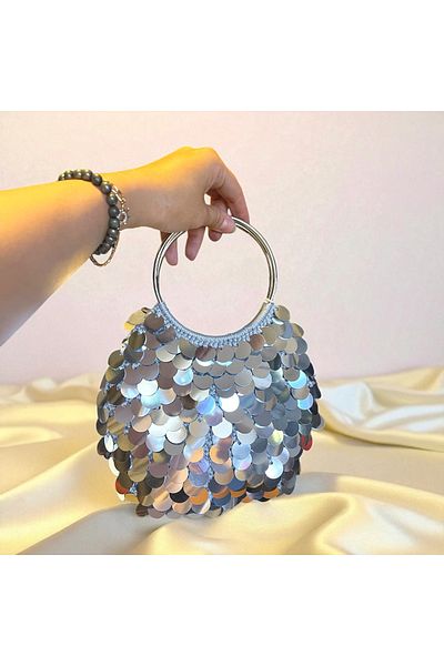 Nuggita Women's Handmade Silver Pulled Sequence Knitted Stylish Hand Bag