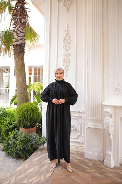 Bwest Μακρύ φόρεμα Fisherman με ψηλό γιακά, ελαστικά μανίκια, φαρδιά εφαρμογή με κορδόνι - (38-46) - 71270 - Μαύρο