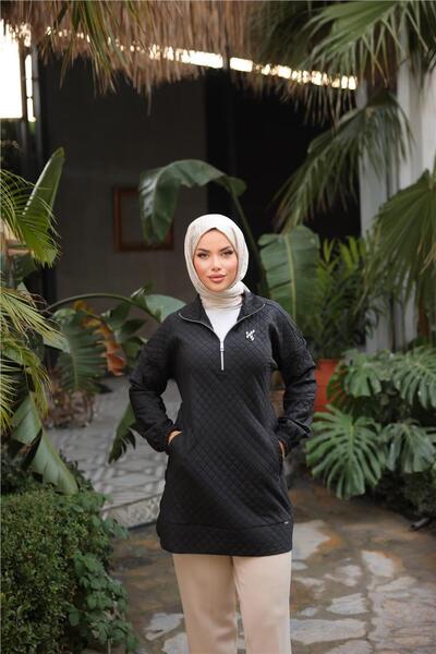 Bwest Kısa Fermuarlı Yaka Kapitone Şık Spor Sweat - (38-46) - 71227 - Siyah