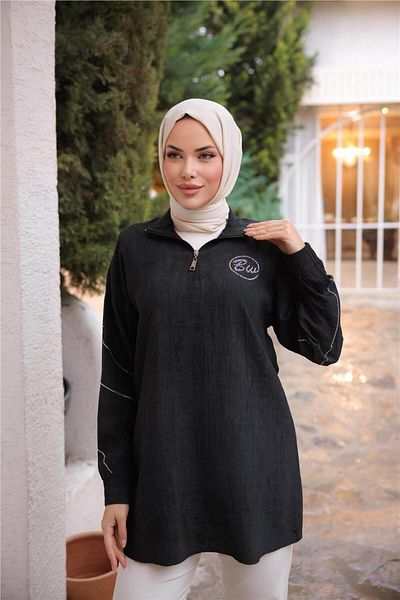 Bwest Half Zip Collar Logo Printed Tunic - (38-46) - 71245 - Black