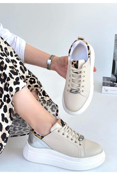 Işıltı kidss Jista Beige Skin Silver Detailed Lace up Sneakers