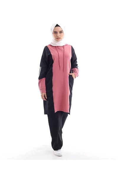 Bwest Hooded Double Hijab Tracksuit Set with Side Pockets - 09048.003 - Black