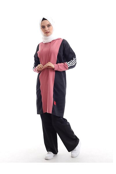 Bwest Hooded Double Hijab Tracksuit Set with Side Pockets - 09048.003 - Black