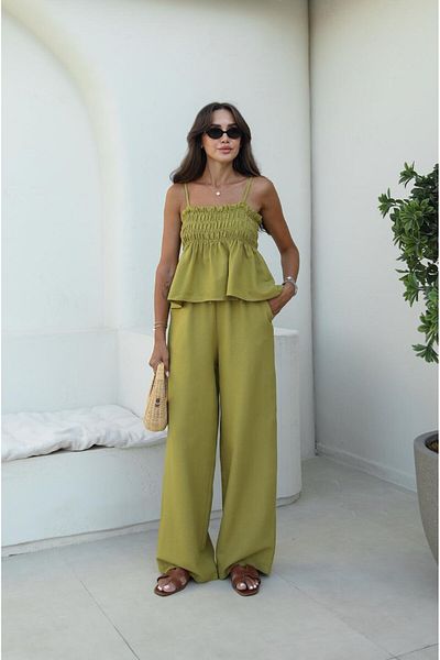 Havoş Oil Green Gipeli Blouse Trousers Linen Suit