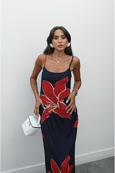 Havoş Navy Blue Thin Strap Floral Dress