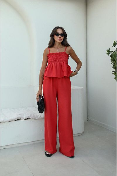 Havoş Red Gipeli Blouse Trousers Linen Suit