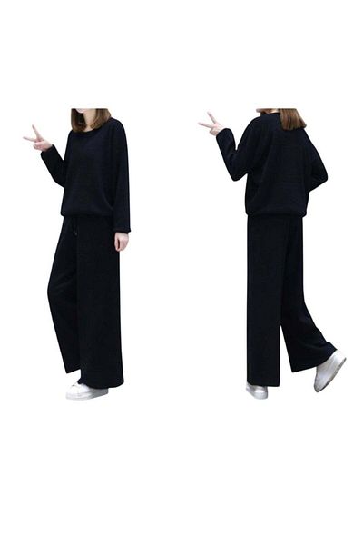 huitich Women's Two-Piece Casual Suit with Wide Leg Pants – Black, Size M