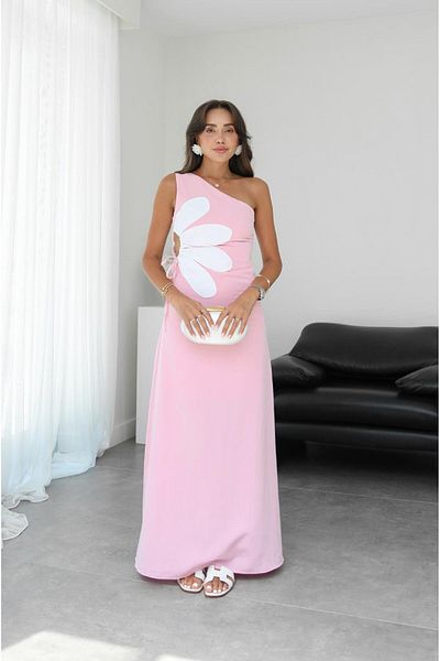 Havoş Pink Side Low-Cut Floral Dress