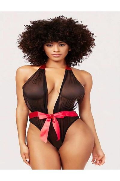 emosavm Μαύρο διαφανές τούλι με κόκκινη κορδέλα Fancy Babydoll