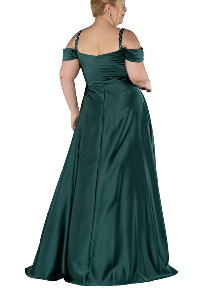 Arden Plus Size Long Evening Dress, Boat Neck Flared Junior Evening Dress with Satin Jewel Strap, Wedding, Graduation Dress,46-58