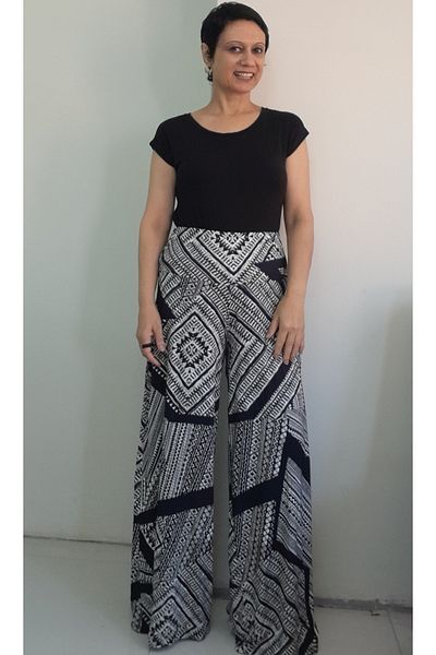 Mertcan Butik Black and White Patterned Elastic Waist Loose Leg Combed Viscose Trousers Skirt
