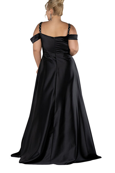 Arden Plus Size Long Evening Dress, Boat Neck Flared Junior Evening Dress with Satin Jewel Strap, Wedding, Graduation Dress,46-58