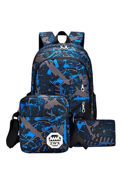 Generic 3-Piece Brief Capacity Preppy Backpack Set Blue/Black/Grey