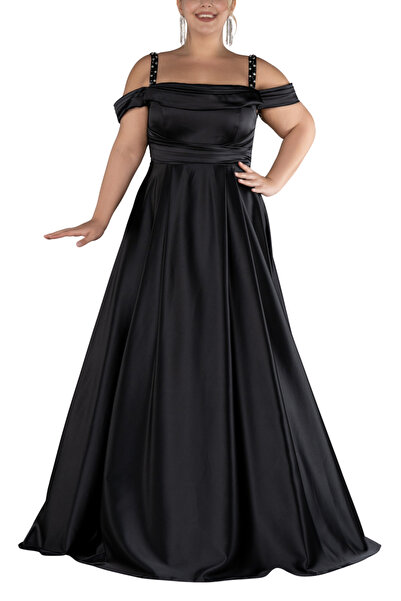 Arden Plus Size Long Evening Dress, Boat Neck Flared Junior Evening Dress with Satin Jewel Strap, Wedding, Graduation Dress,46-58