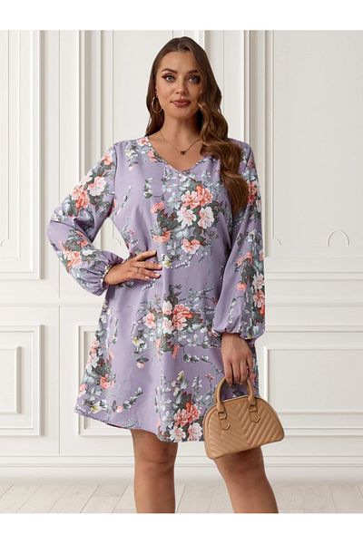 UniqueStore.ro Purple Floral Print Dress, Plus Size