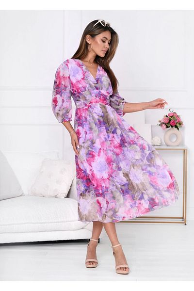 UniqueStore.ro Rochie elegantă cu imprimeu floral în tonuri de roz și violet - mărime unică
