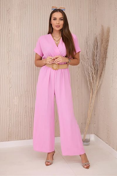 UniqueStore.ro Light Pink Flowy Jumpsuit With Beige Belt - One Size