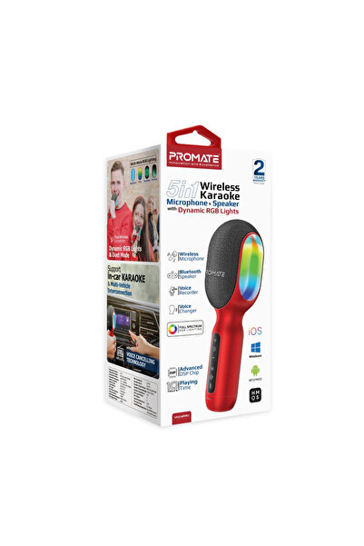 Promate Innovative Bluetooth Karaoke Microphone, with Powerful Speaker, Stunning LED Lights and TWS Duet Function