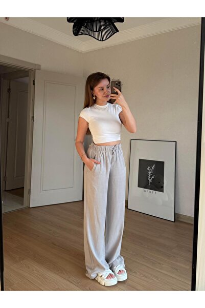 BAŞARAN Linen Elastic Palazzo Gray Pants