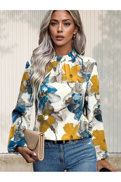 UniqueStore.ro Dena Printed Shirt With Stand-up Collar
