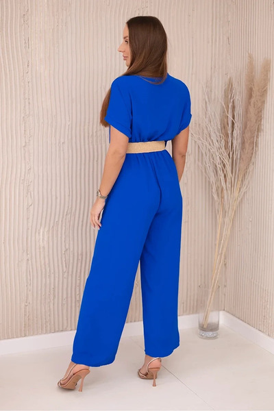 UniqueStore.ro Salopetă vaporoasă albastru regal cu curea bej - Mărime unică