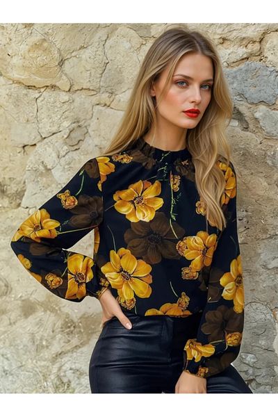 UniqueStore.ro Cămașă Carla neagră cu imprimeu floral în tonuri de galben - M