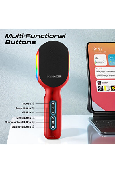 Promate Innovative Bluetooth Karaoke Microphone, with Powerful Speaker, Stunning LED Lights and TWS Duet Function