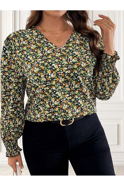UniqueStore.ro Cămașă neagră mărime plus cu imprimeu floral și decolteu - XL