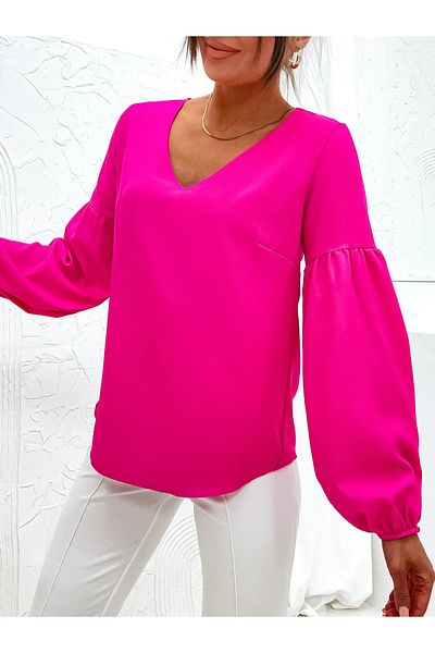 UniqueStore.ro Bluză fuchsia cu decolteu în V și mâneci bufante