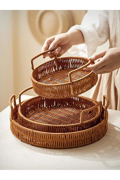 Cozy Nest 3PCS Hand-Woven Round Rattan Serving Tray with Handles Rustic Basket for Bread Coffee & Dining