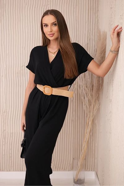 UniqueStore.ro Black Jumpsuit With Wrap Neckline And Braided Belt