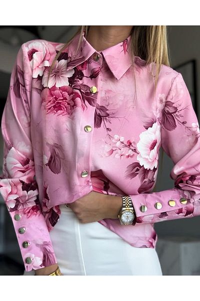UniqueStore.ro Elegant pink shirt with floral print and gold buttons - M
