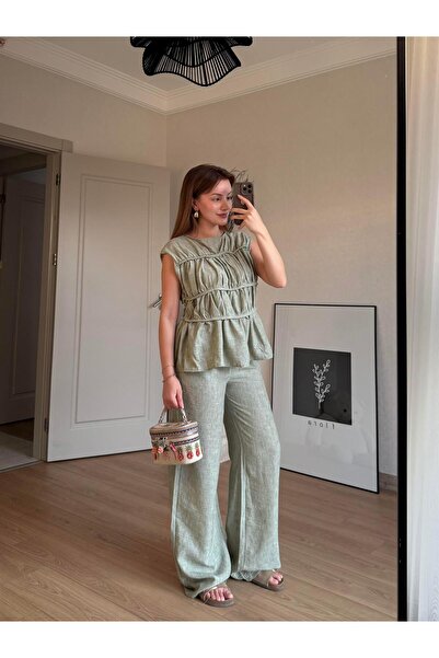 BAŞARAN Green Linen Fabric Set