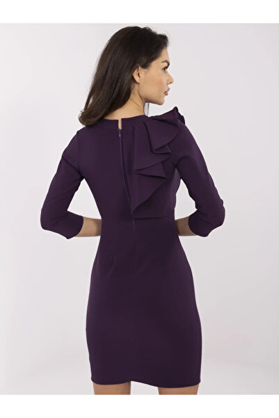 UniqueStore.ro Rochie elegantă violet închis cu volane decorative și mâneci trei sferturi