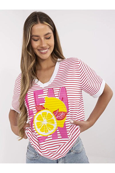 UniqueStore.ro Tricou alb cu dungi roșii și imprimeu cu lămâie - Mărime unică