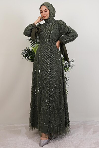 GİYZAMİLA Βραδινό Σατέν Φόρεμα Χακί