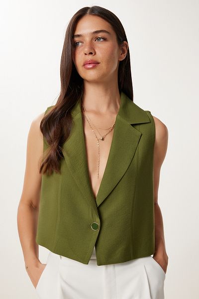 Lovelyİstanbul Shawl Collar Crop Linen Vest