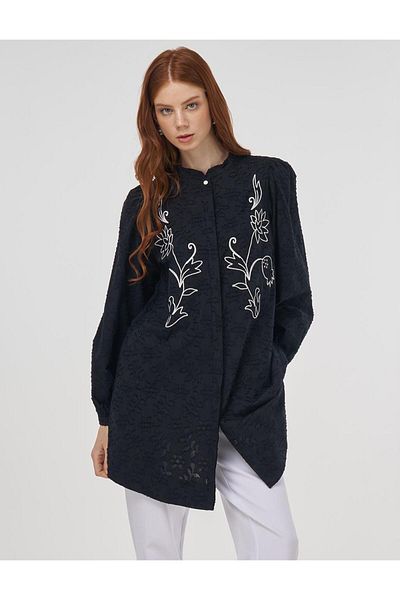 Kayra Embroidered Cotton Blouse Black