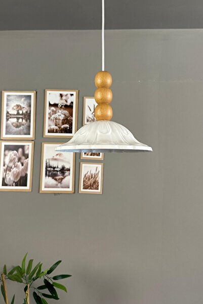 Bamyum Ralivo Beyaz Metal Avize Tekli Ahşap Üç Boncuk Başlık Mutfak Modern Dekoratif Sarkıt Aydınlatma