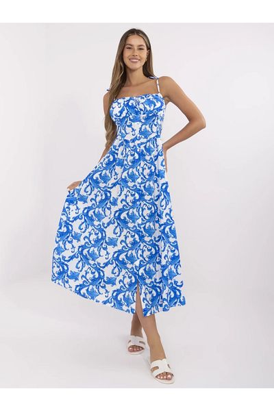 UniqueStore.ro Rochie midi albă cu imprimeu albastru și bretele subțiri - mărime universală