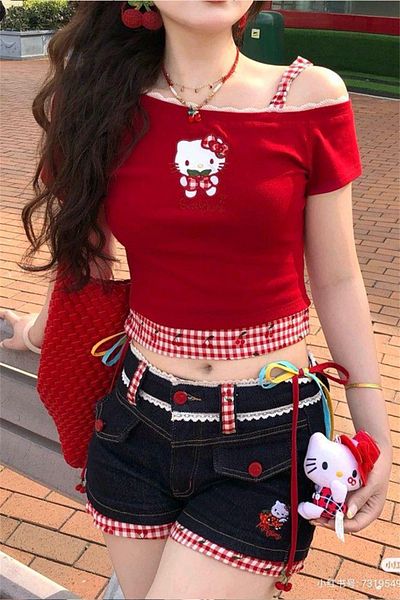Karakedi Red Hello Kitty Embroidered Y2K Short Sleeve Crop with Additional Strap