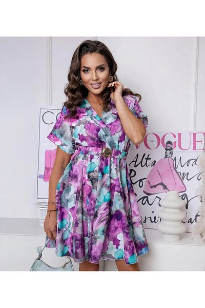 UniqueStore.ro Short Dress With Watercolor Print And Drawstring - One Size