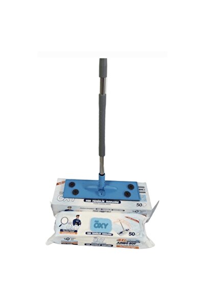 MR.OXY Set Mop Plat Mr Oxy 37x10cm cu coada 110cm și Servetele umede 50 buc, alb, pentru curățenie podel
