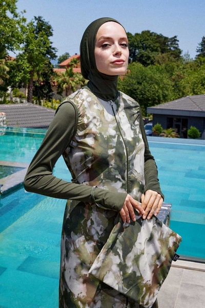 ZÜLAYS Ebruli Desenli Tesettür Mayo Takım Haki