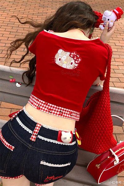 Karakedi Red Hello Kitty Embroidered Y2K Short Sleeve Crop with Additional Strap