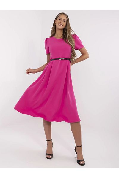 UniqueStore.ro Fuchsia Midi Dress With Short Sleeves And Black Belt - One Size